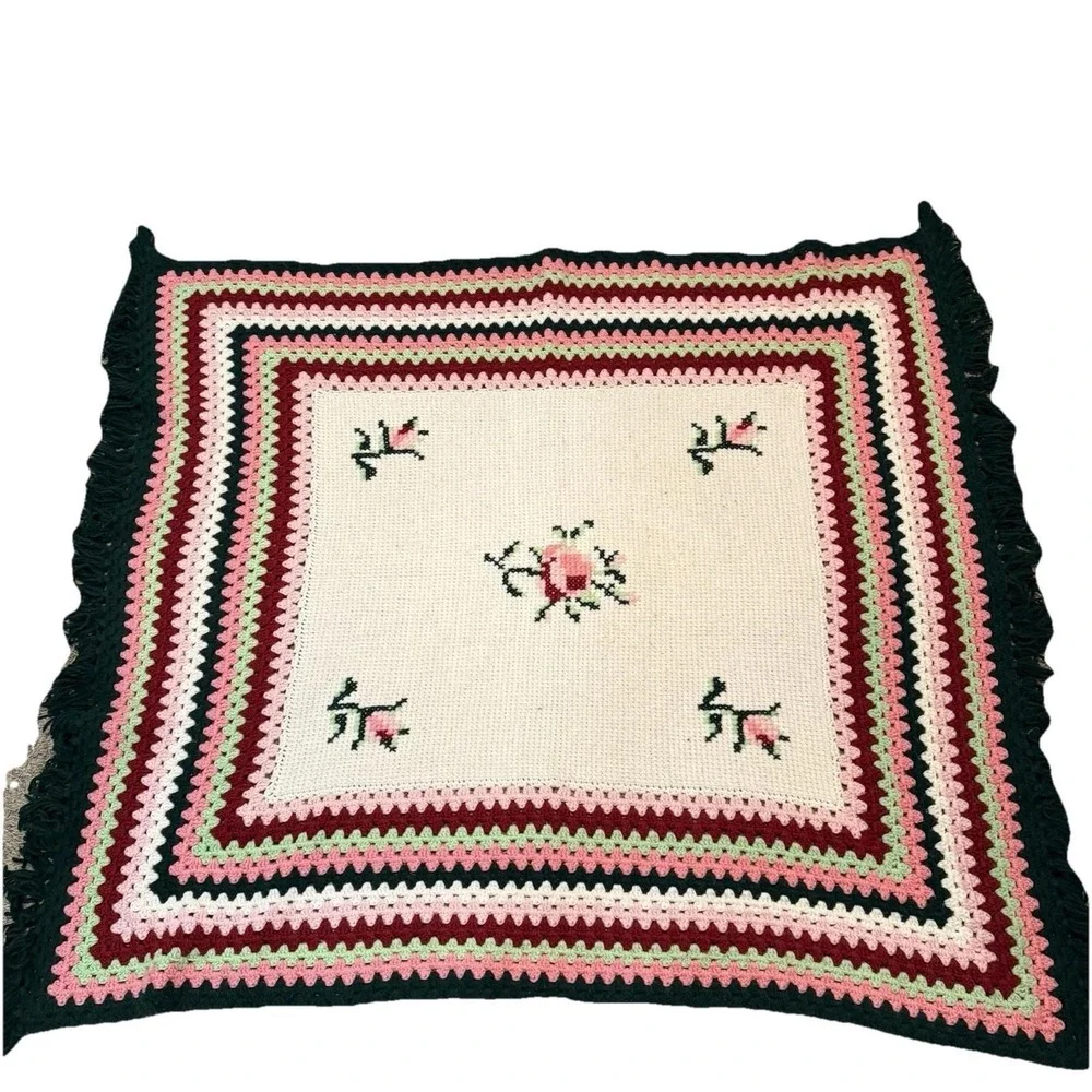 Vintage Handmade Crochet Afghan Blanket Floral Pink Green Fringe Throw 45x52